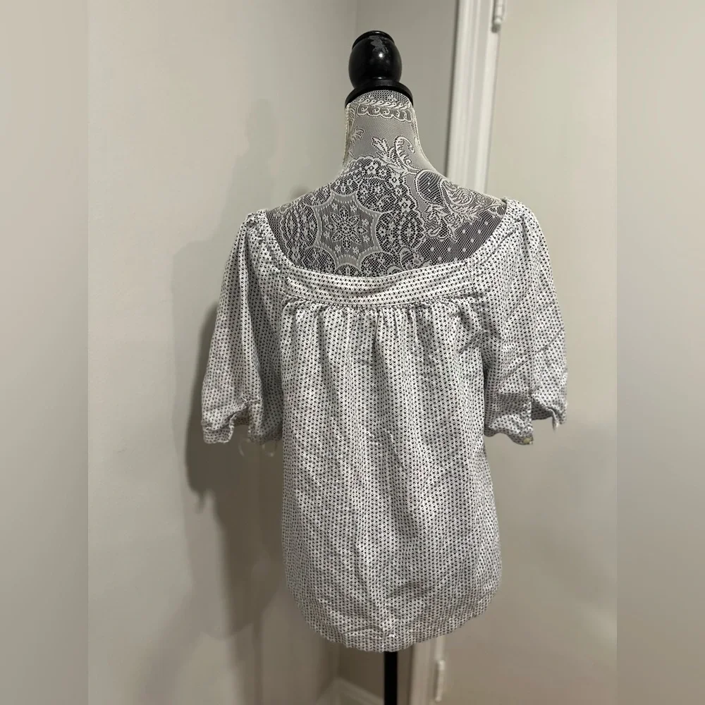 LOFT Sz: L Jacquard Puff Sleeve Square Neck Top Linen Blend Cross Repeat Pattern